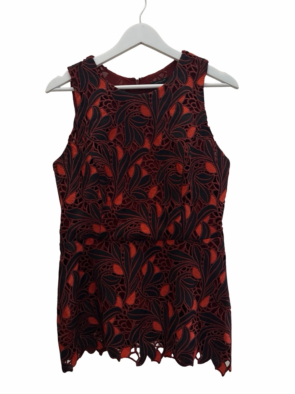 Ann Taylor Peplum Top Black and Deep Red Embroidered Lace Overlay Resort Office